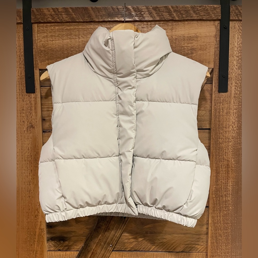 Zara Faux Leather Puffer Vest. Size small. Color light gray. New with tags.